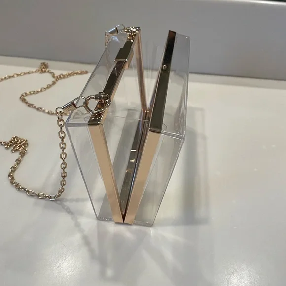 Clear Lucite Clutch With Gold Border - detachable crossbody chain - Picture 10 of 11